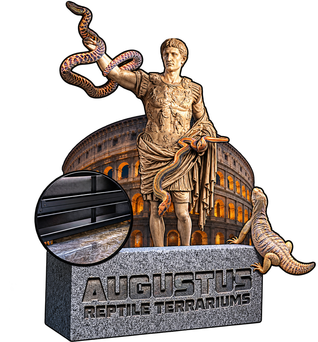 Augustus Reptile Terrariums emblem: statue of Augustus holding a serpent in front of the Colosseum