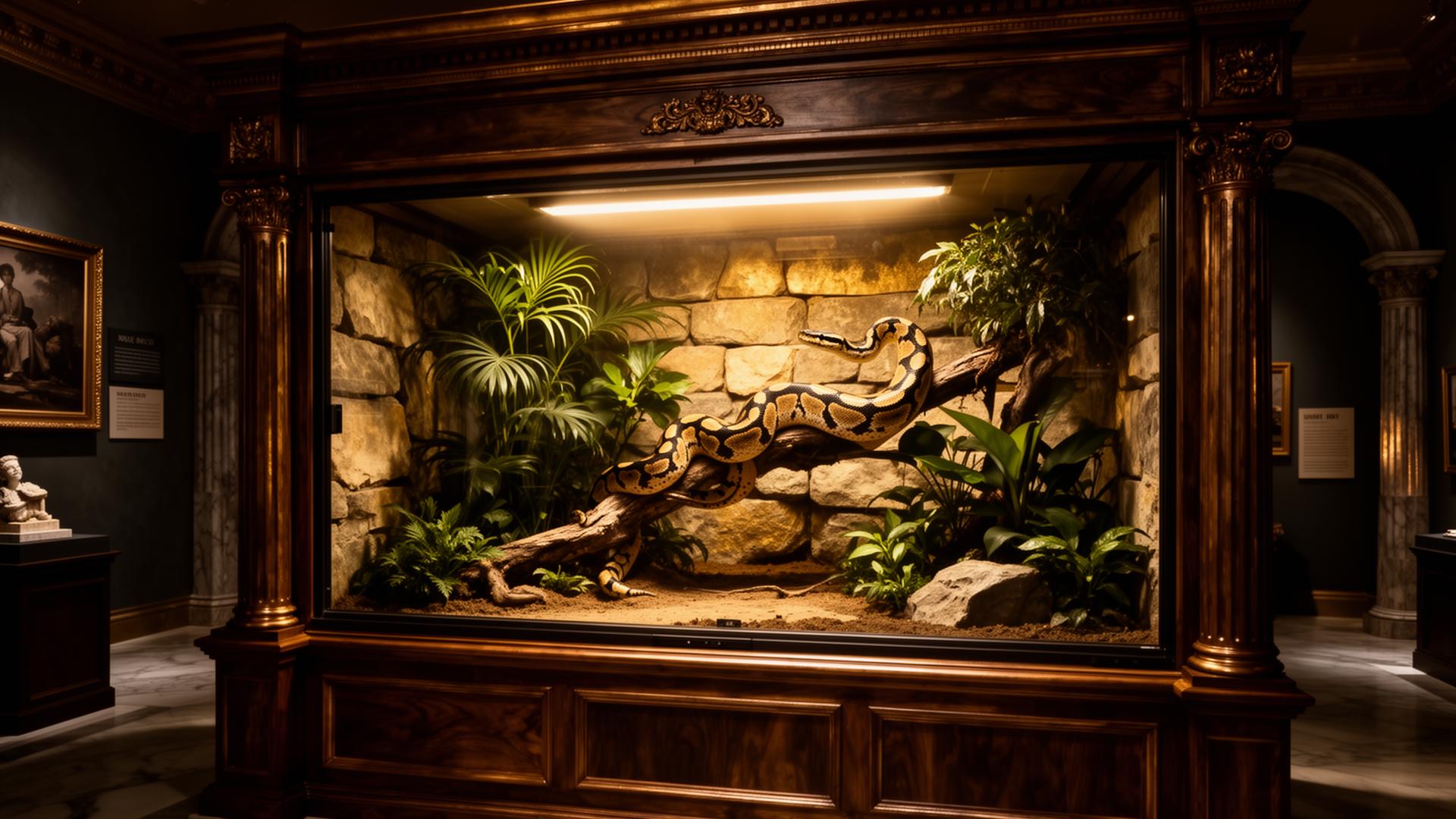 Luxury custom reptile enclosure with ball python in Roman-inspired terrarium