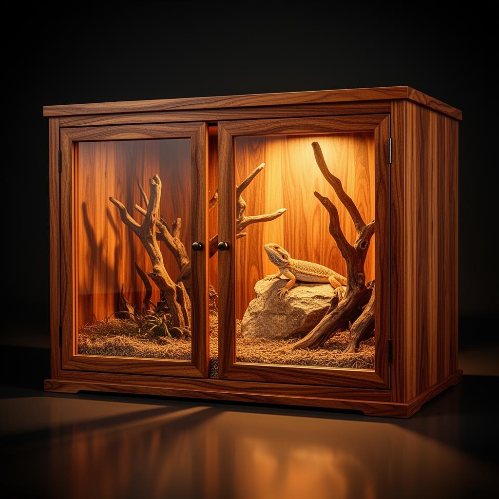 Wood reptile enclosure kit with bearded dragon and warm natural wood grain finish